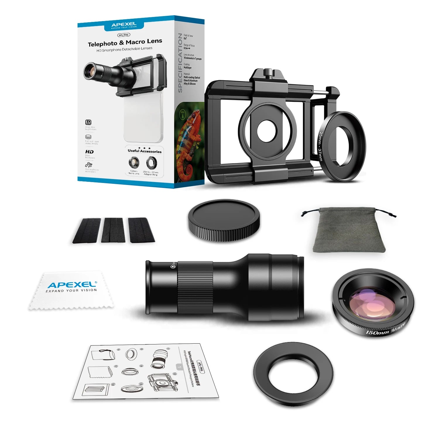 Lente Teleobjetivo 2 en 1 APEXEL 6x con Macro para Smartphone