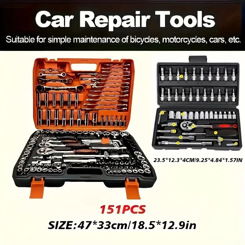 Juego de Herramientas de 150/46 Piezas, Kit de Reparación Automotriz y de Motocicletas - Acero al Cromo Vanadio Resistente, Incluye Llaves de Trinquete