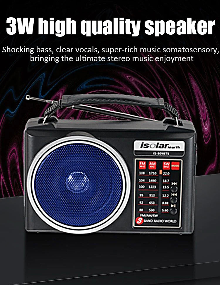 Radio portátil FM/AM/SW solar de emergencia con altavoz Bluetooth