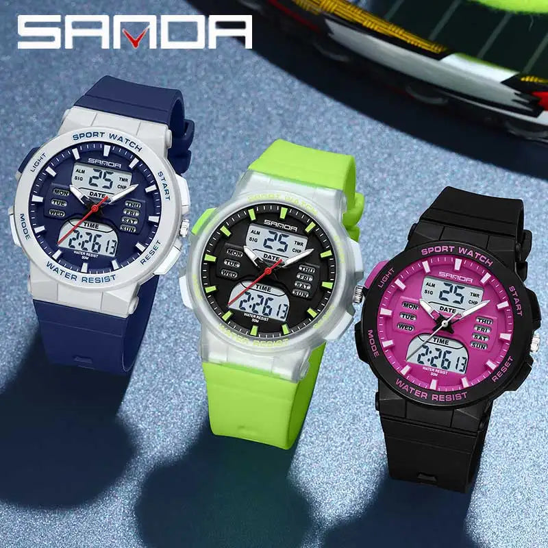 Reloj Digital LED SANDA 6185 para Mujer Pantalla Dual Resistente al Agua