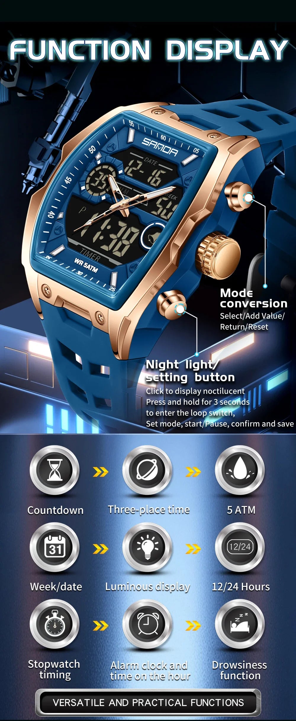 Reloj Deportivo Digital SANDA 6235 para Hombre con LED y Pantalla Dual