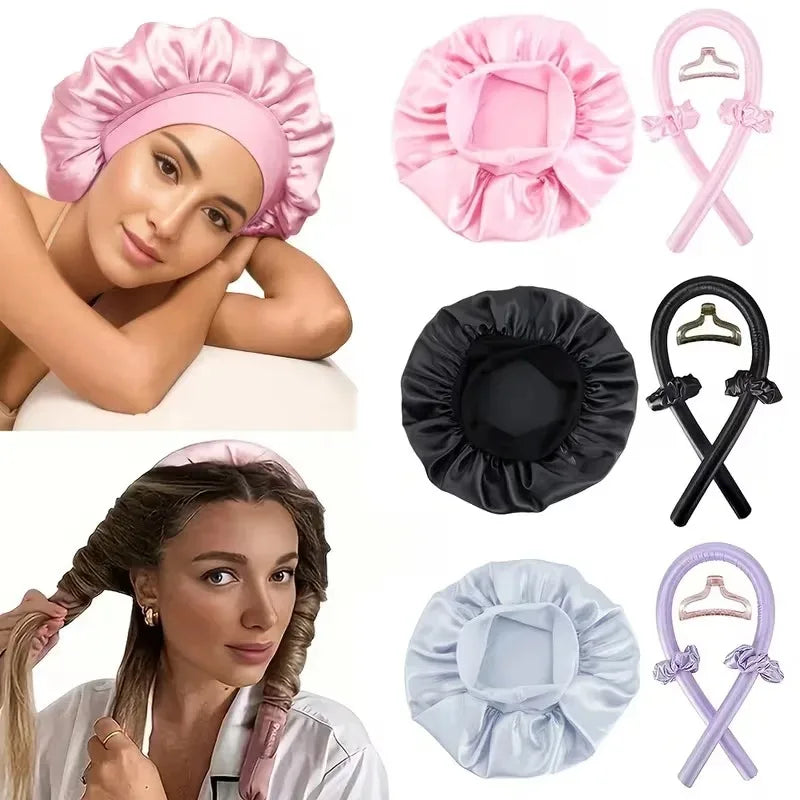 Juego de rizadores sin calor de 3/5/8 piezas con gorro de satén para dormir, pinzas para el cabello, peine y lazo para el cabello, herramientas de peinado sin calor para mujer para uso nocturno