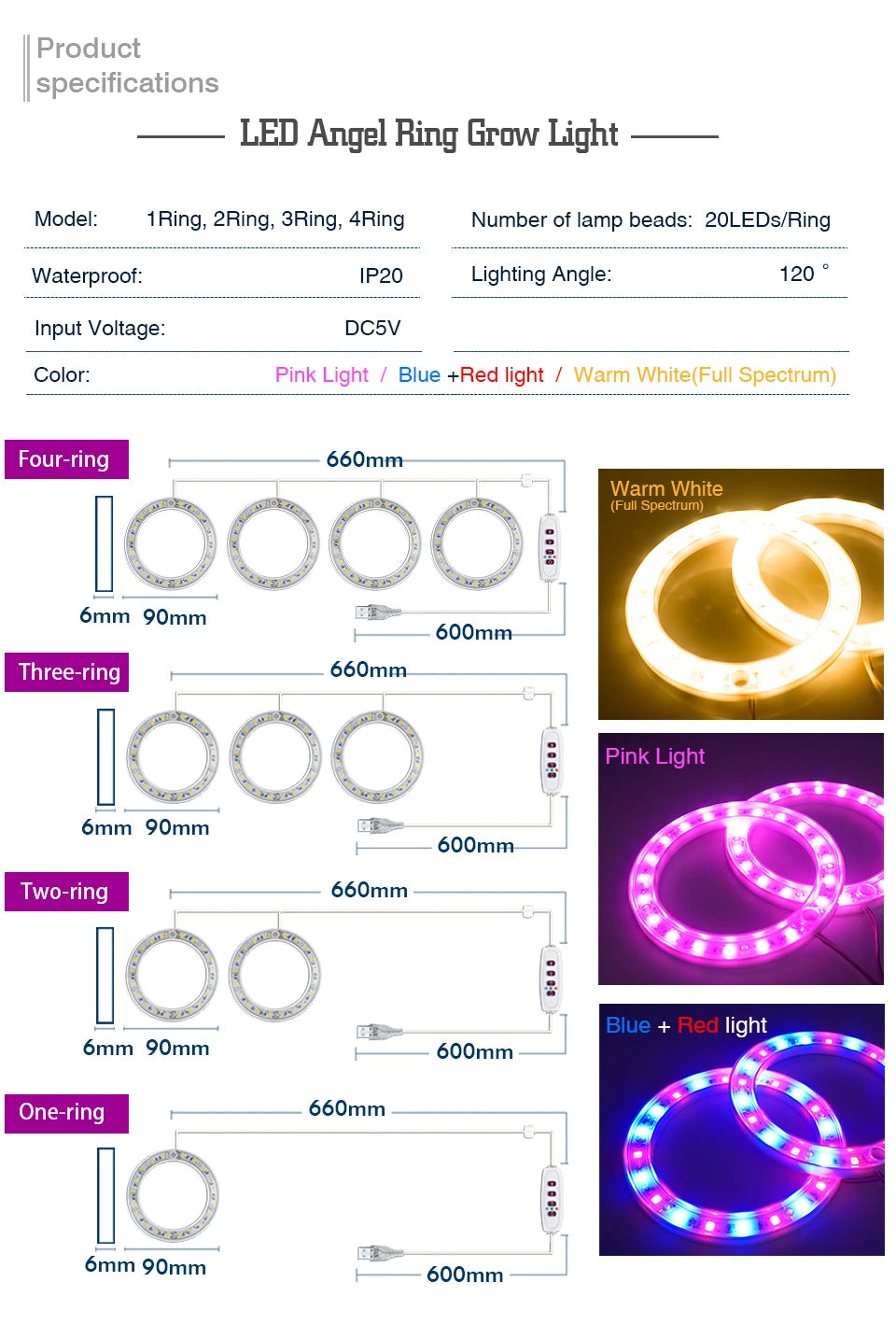 Anillo de Ángel LED para cultivo de luz, fitoamplificador USB de 5V CC para plantas, lámparas de espectro completo para plantas de interior, plántulas de invernadero, flores para el hogar