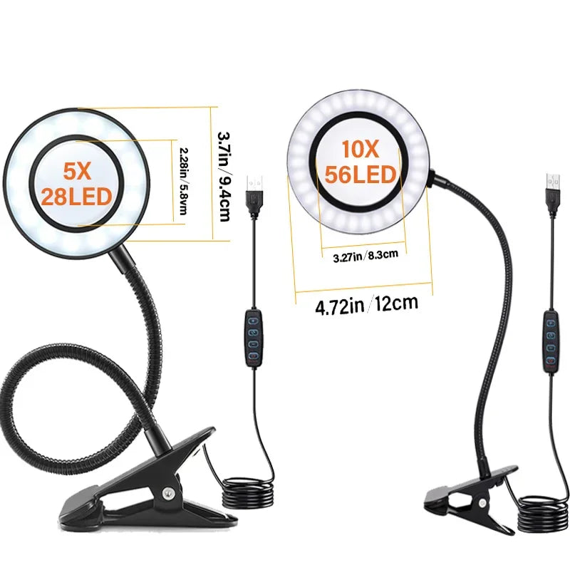 Lupa 5/10X con clip Lámpara de lupa 28/56LED Modo 3 colores 10 Atenuador de brillo 360 °   Luces flexibles con cuello de cisne