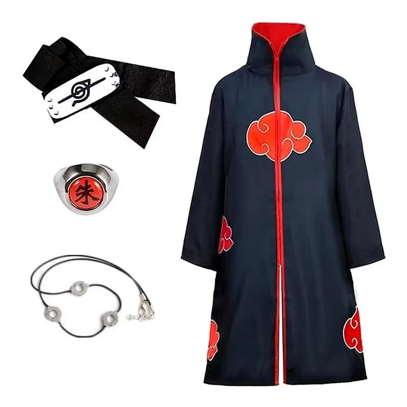 Disfraz de Anime Akatsuki, bata de nube roja con collar, diadema, conjunto de anillo para juego de rol, disfraz de juego para niños y adultos