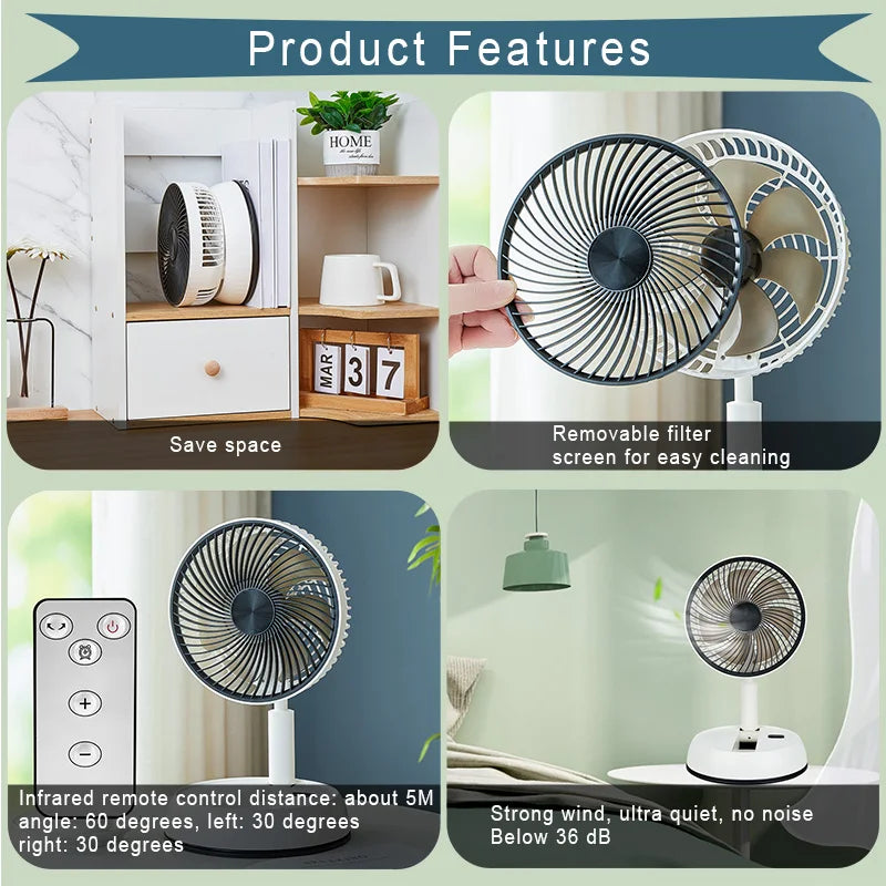 Ventilador plegable telescópico, ventilador de escritorio con Control remoto, ventilador de suelo, recargable, portátil, USB, de 8 pulgadas, para acampar