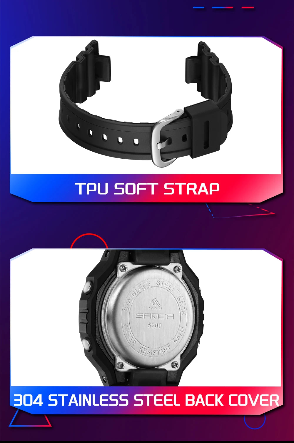 Reloj Digital SANDA 6200 para Hombre, Deportivo LED Impermeable 50M
