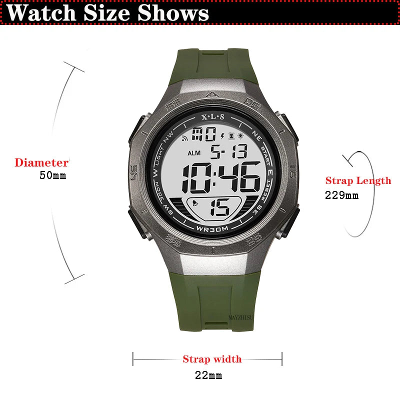 Reloj deportivo MAYZHISU para hombre, relojes de pulsera digitales LED resistentes al agua, cronómetro, despertador, relojes deportivos luminosos para hombres y adolescentes