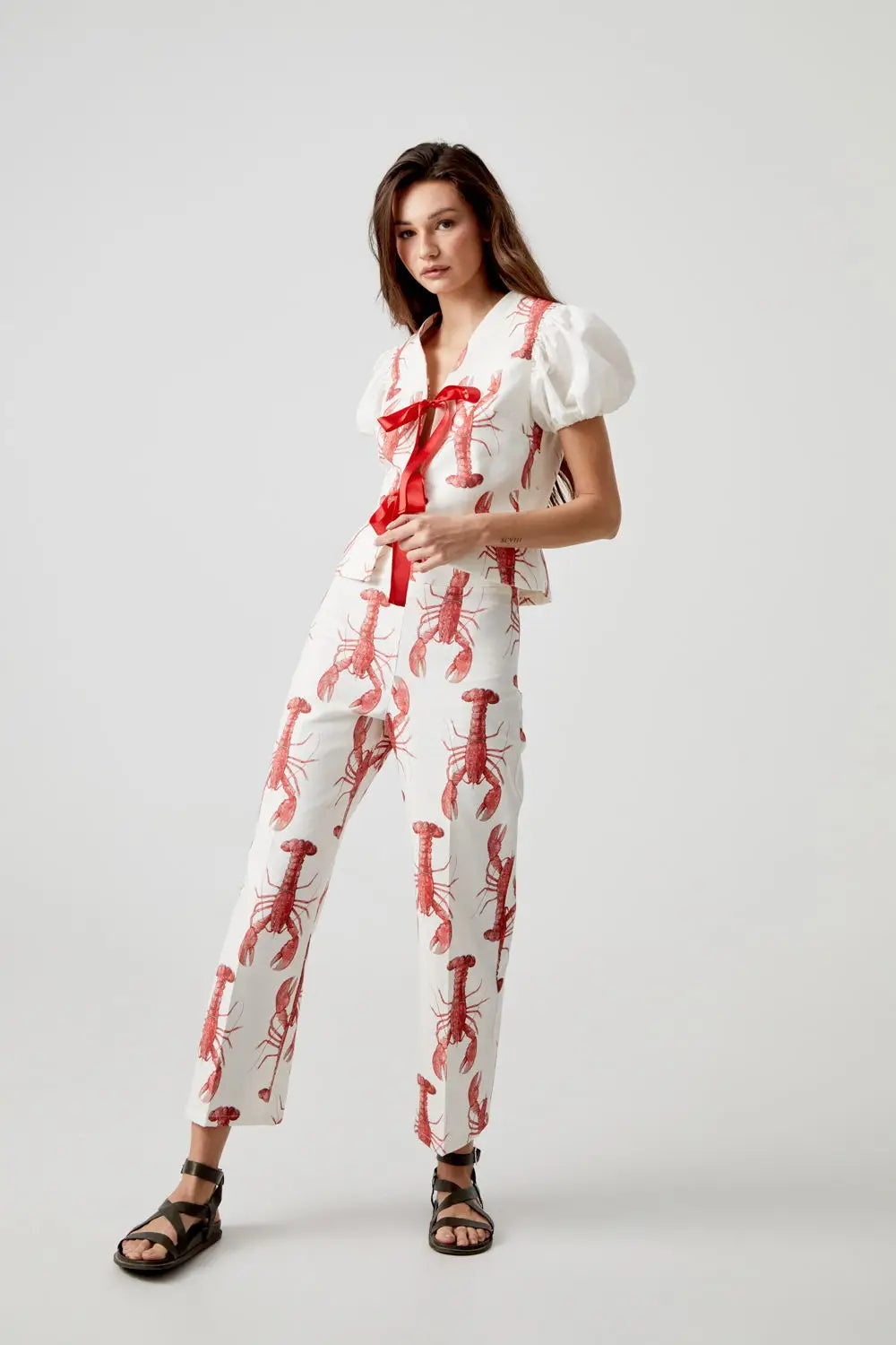 Conjunto de pantalones largos con estampado de crayón de dibujos animados para mujer, camisa de manga corta de verano, pantalón de pierna ancha de cintura alta, conjuntos de 2 piezas, trajes para mujer 2024
