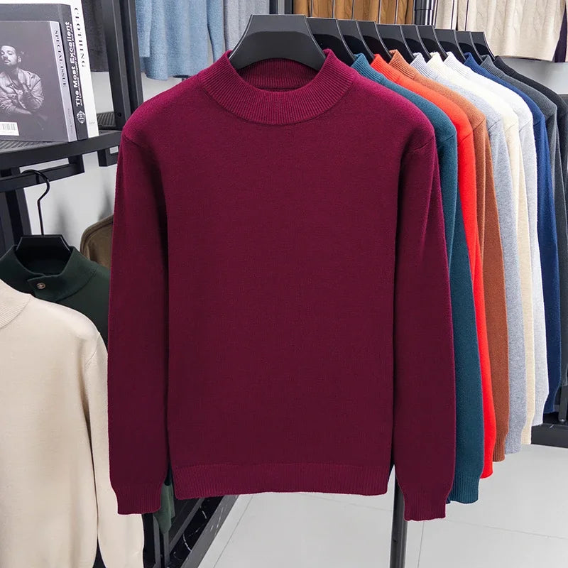 Suéter de punto de medio cuello alto para hombre, jersey de Color sólido con cuello simulado, sudadera informal de Otoño/Invierno, ropa de marca para hombre