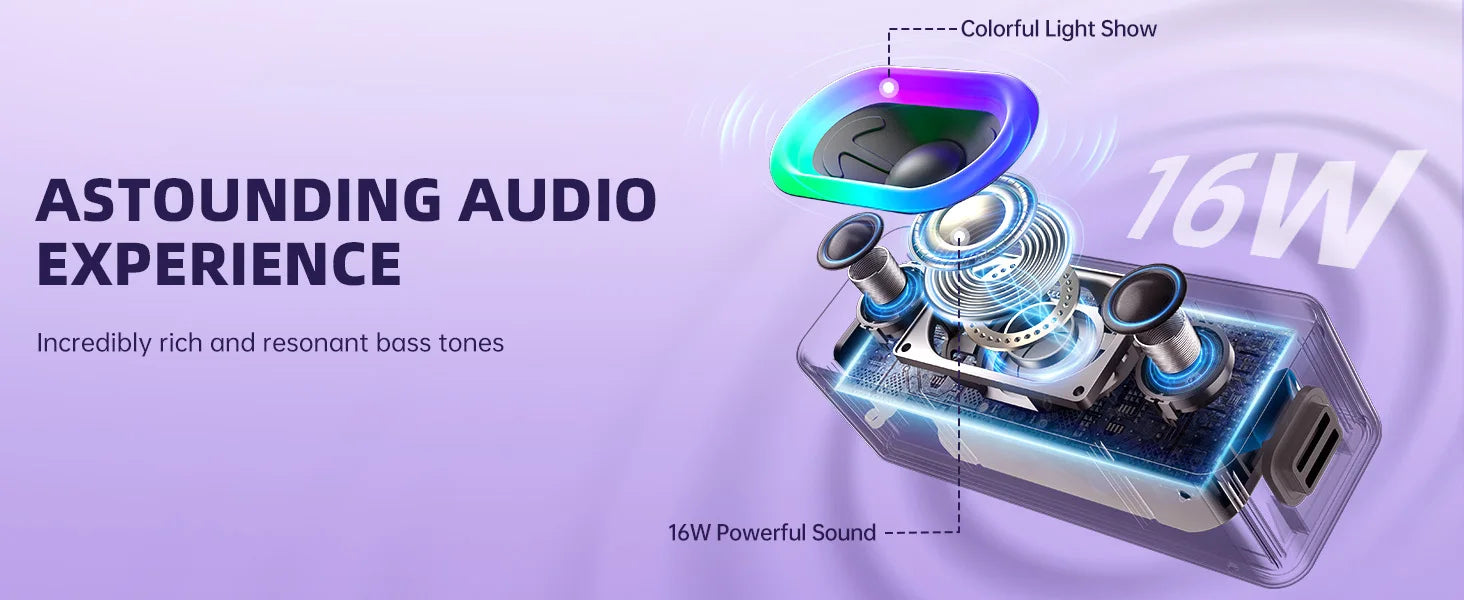 Altavoz Bluetooth Ortizan, Altavoz portátil con sonido estéreo fuerte de 16 W, 24 horas de reproducción, Altavoces inalámbricos Bluetooth 5.3, graves profundos,