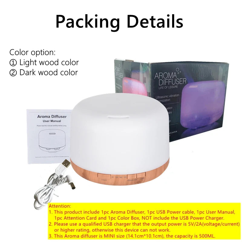Humidificador USB difusor de aceites esenciales con luces nocturnas 500 ml