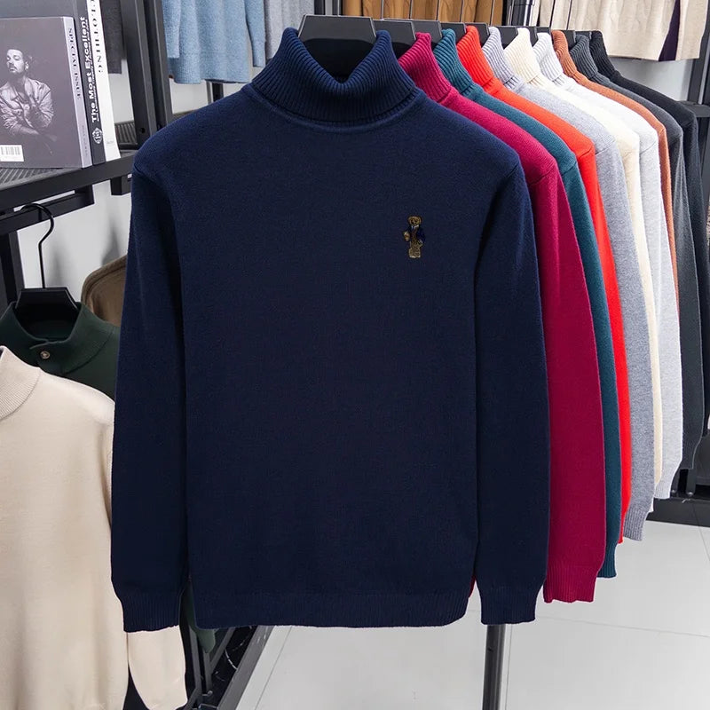 Suéter de Punto de Manga Larga para Hombre, Diseño de Alta Gama, Estampado de Oso, Cuello Alto, Estilo Informal, Versátil, Cálido y Moderno