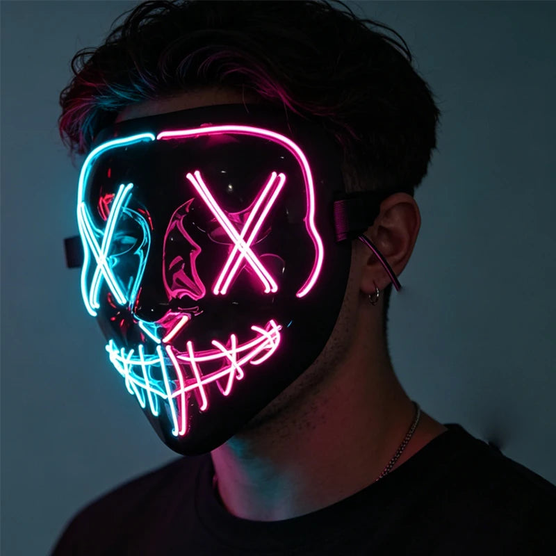 Máscara LED inalámbrica luminosa de neón para fiesta de Halloween, suministros brillantes, máscara de luz Purge para elección, para cosplay de adultos y maquillaje.