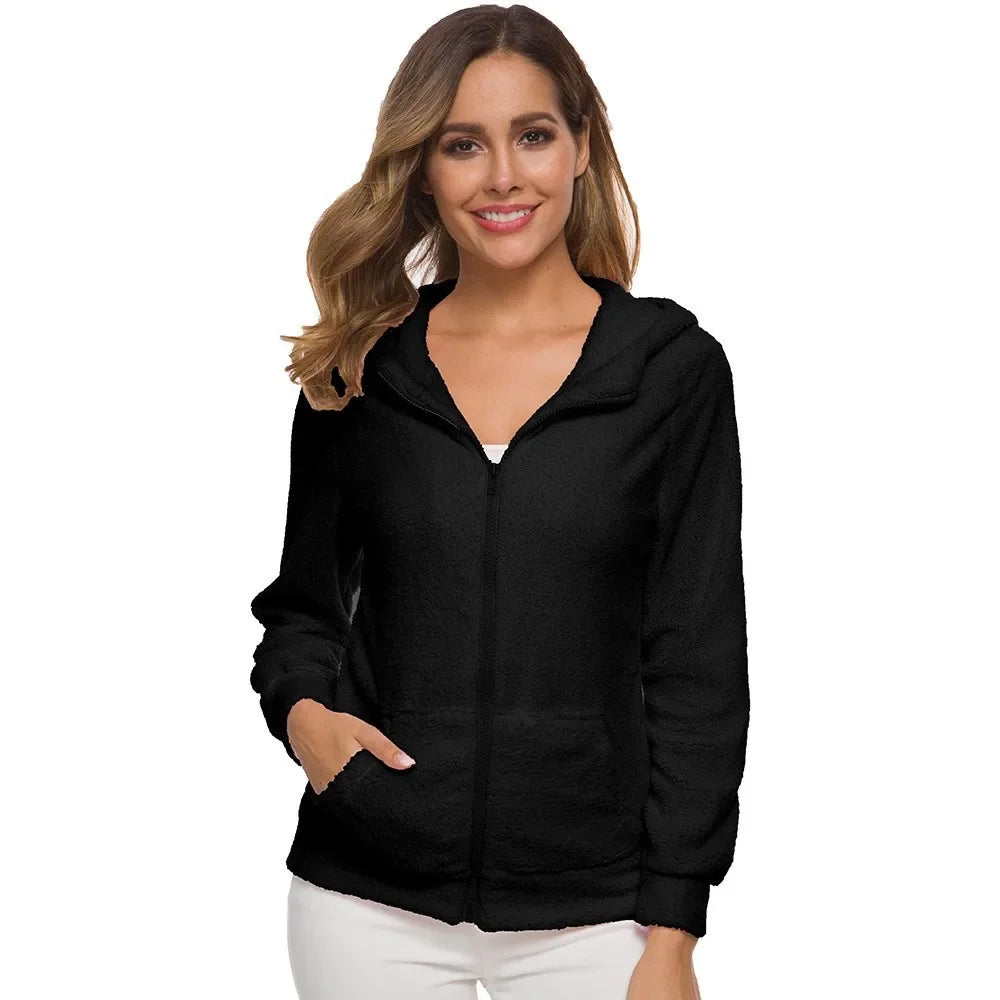 Chaqueta cálida de otoño e invierno para mujer, Sudadera con capucha informal 2025, sudaderas con capucha para mujer, sudadera con cremallera, abrigo liso de lana suave para mujer