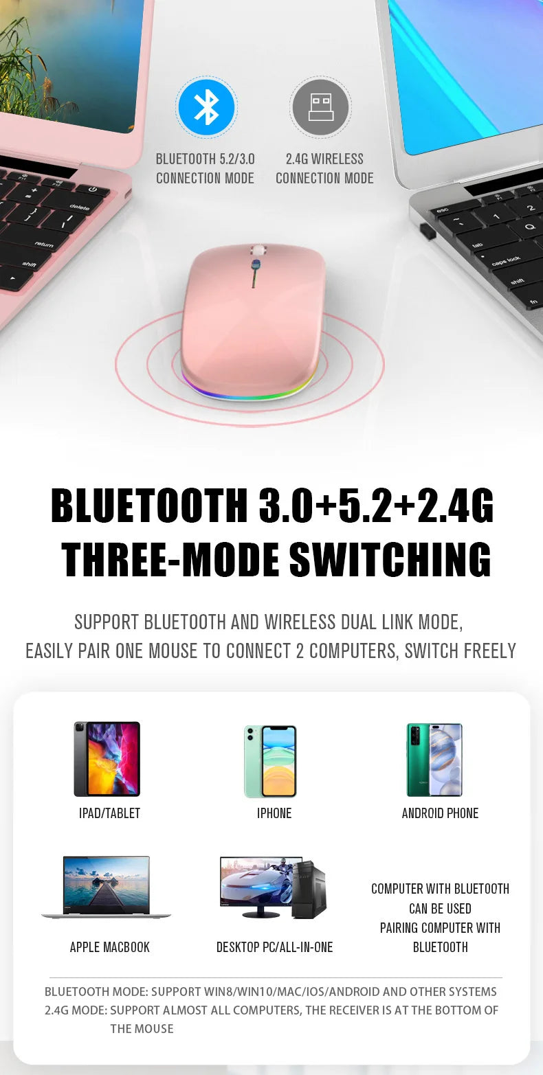 Ratón inalámbrico Bluetooth 5,0 con luz RGB recargable por USB para ordenador portátil, PC, Macbook, 2,4 GHz, 1600DPI