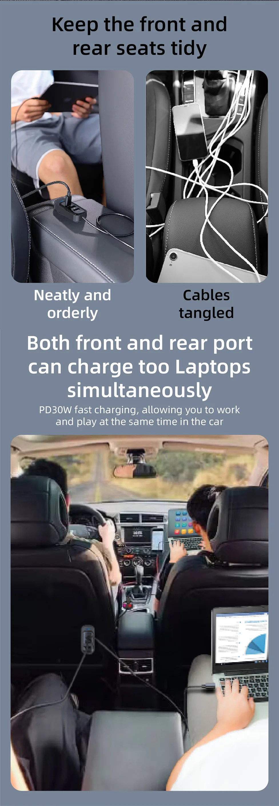 Cargador de Auto PD30W 5 Puertos con USB-C y Extensión para Asientos Traseros