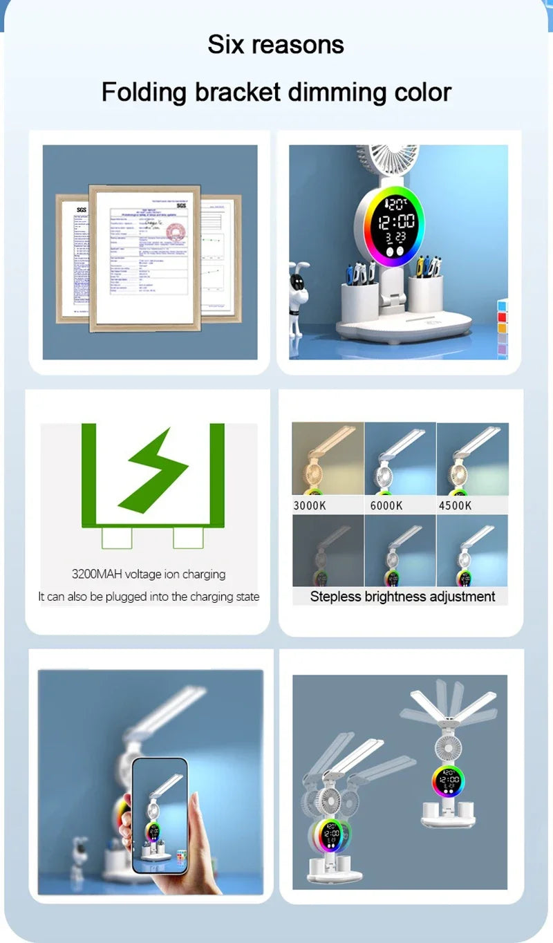 Lámpara de Mesa LED con Ventilador, Reloj y Pantalla