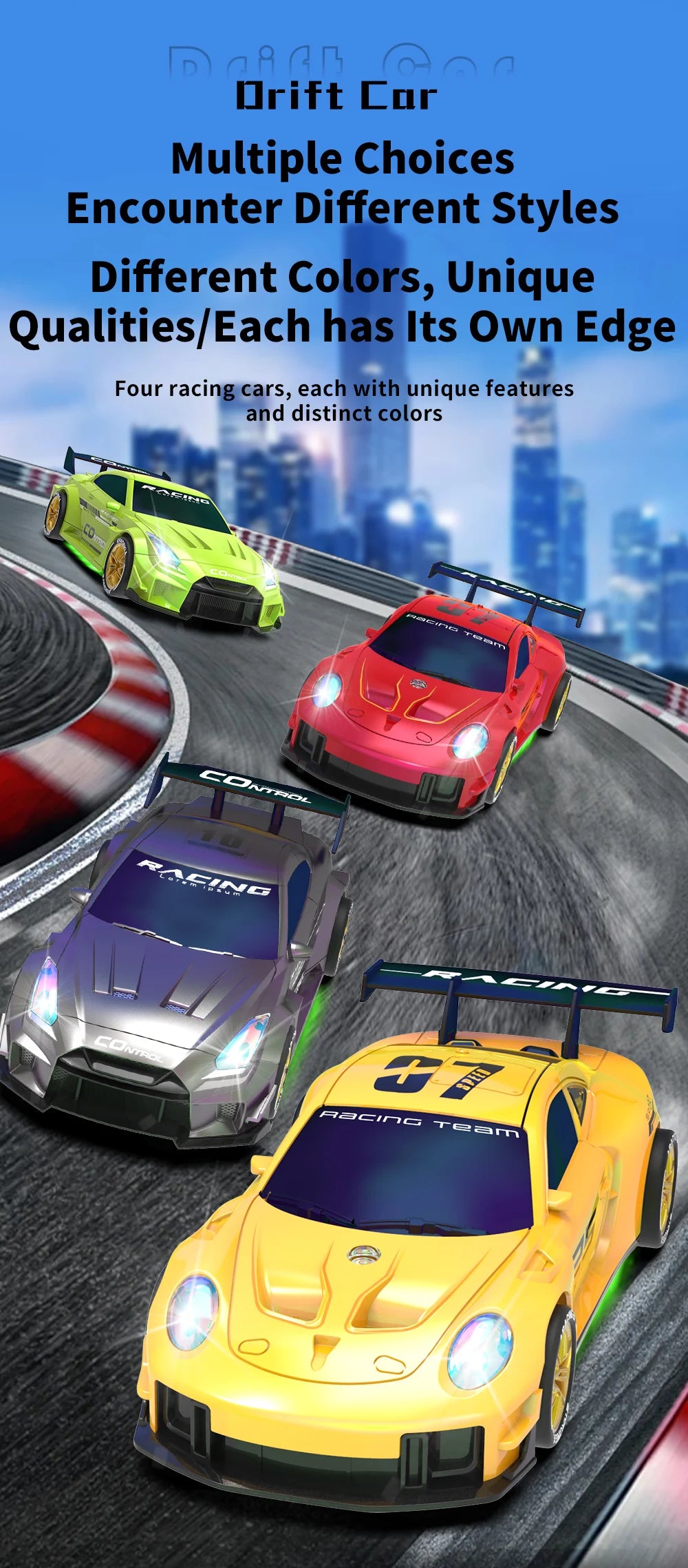 Mini Coche RC de Drift, 2.4G 4WD, Alta Velocidad con Luces LED