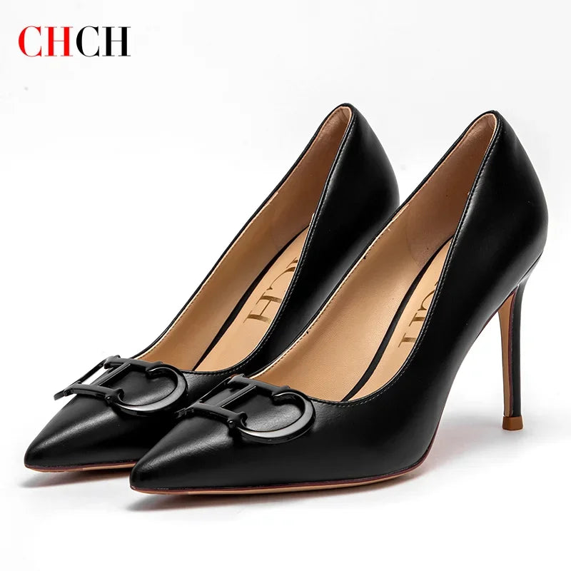 Zapatos de Tacón Alto con Hebilla Metálica y Punta Fina para Mujer 9cm