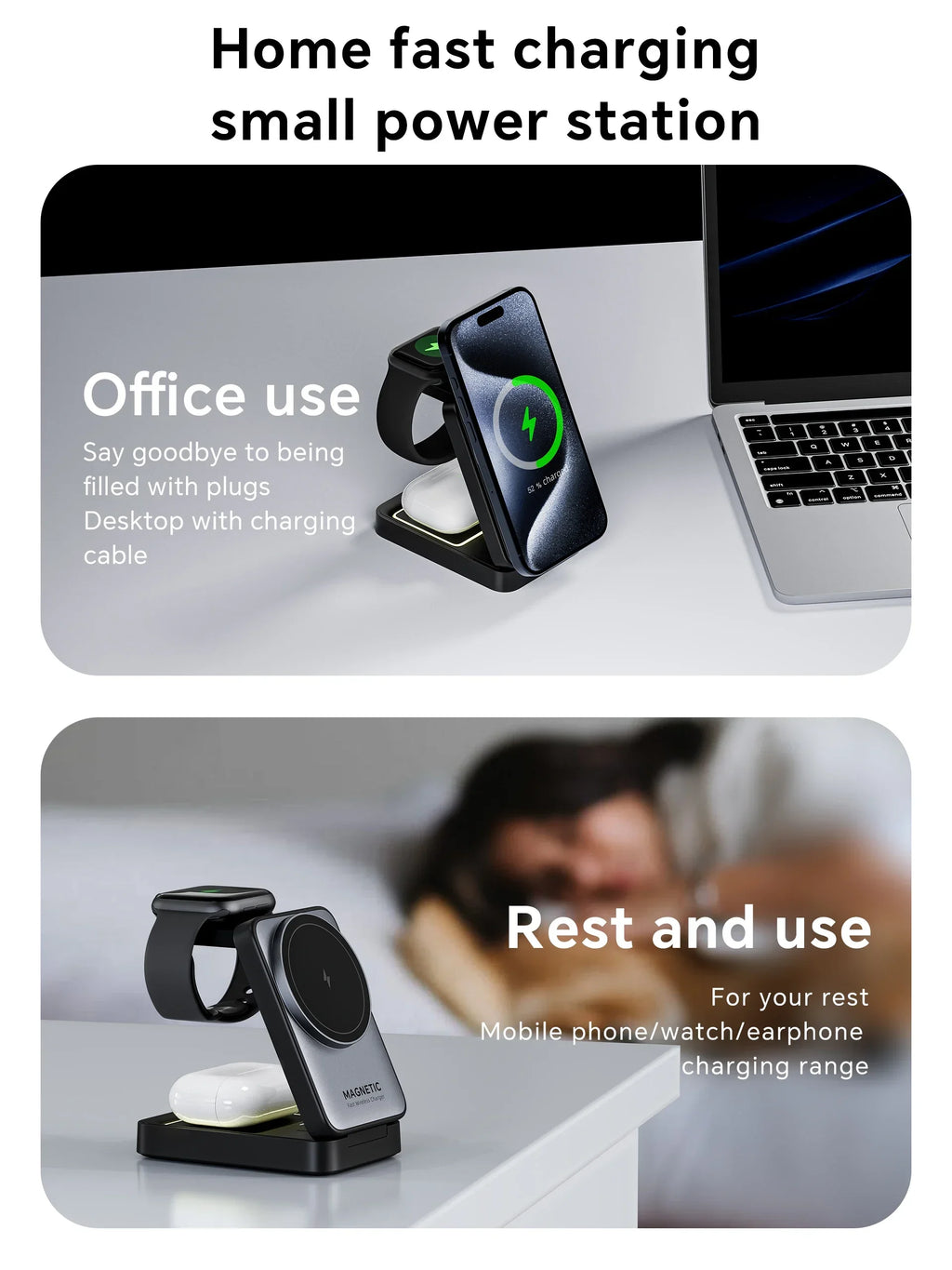 Soporte de Carga Inalámbrico Magnético 3 en 1 Plegable para Magsafe iPhone 16 15 14 13 Apple Watch 2-9 Airpods Pro, Estación de Carga Rápida