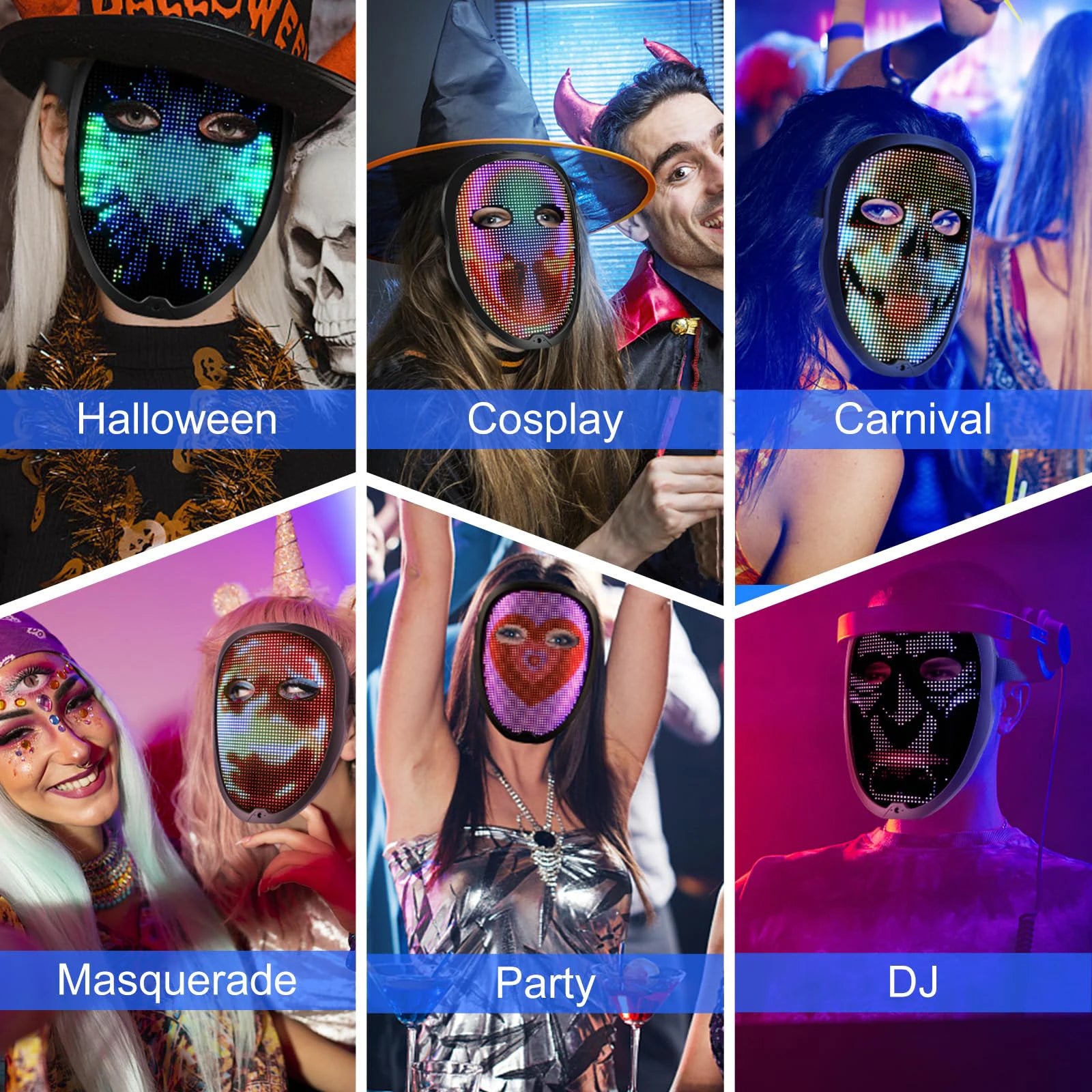Máscaras Faciales LED Inteligentes Programables con Control por Aplicación Bluetooth, Cambio de Fotos DIY, Máscara LED Luminosa para Fiestas de Halloween