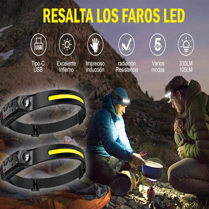 Linterna frontal con Sensor, linterna LED recargable por USB XPE + COB, linterna impermeable para acampar, linterna de pesca, 1/2/3/4/5/8/10 Uds.