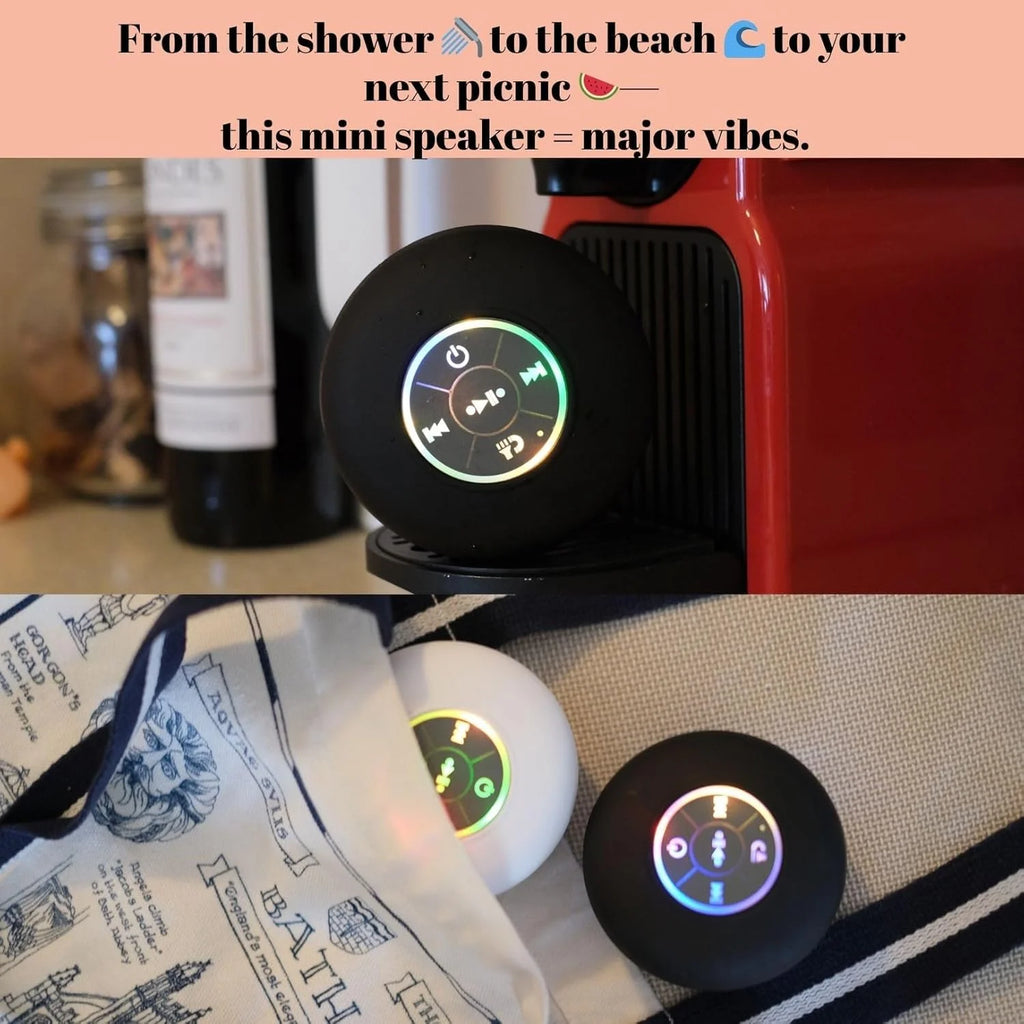 Altavoz de ducha Bluetooth, minialtavoz inalámbrico portátil con micrófono, ventosa IPX4, resistente al agua para viajes, piscina, río flotante