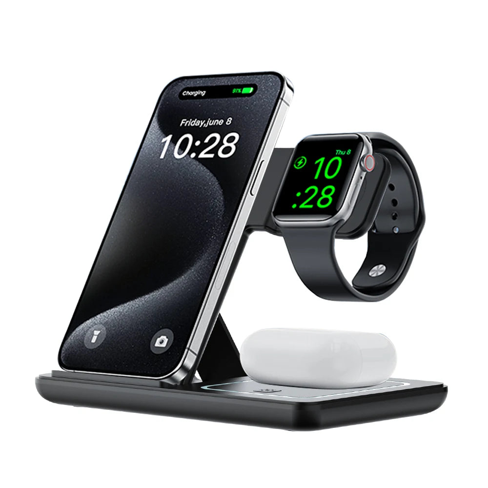 Luz LED nocturna 3 en 1, cargador inalámbrico, soporte plegable para iPhone, Samsung, Apple Watch 2-11 SE, Airpods Pro, estación de carga rápida