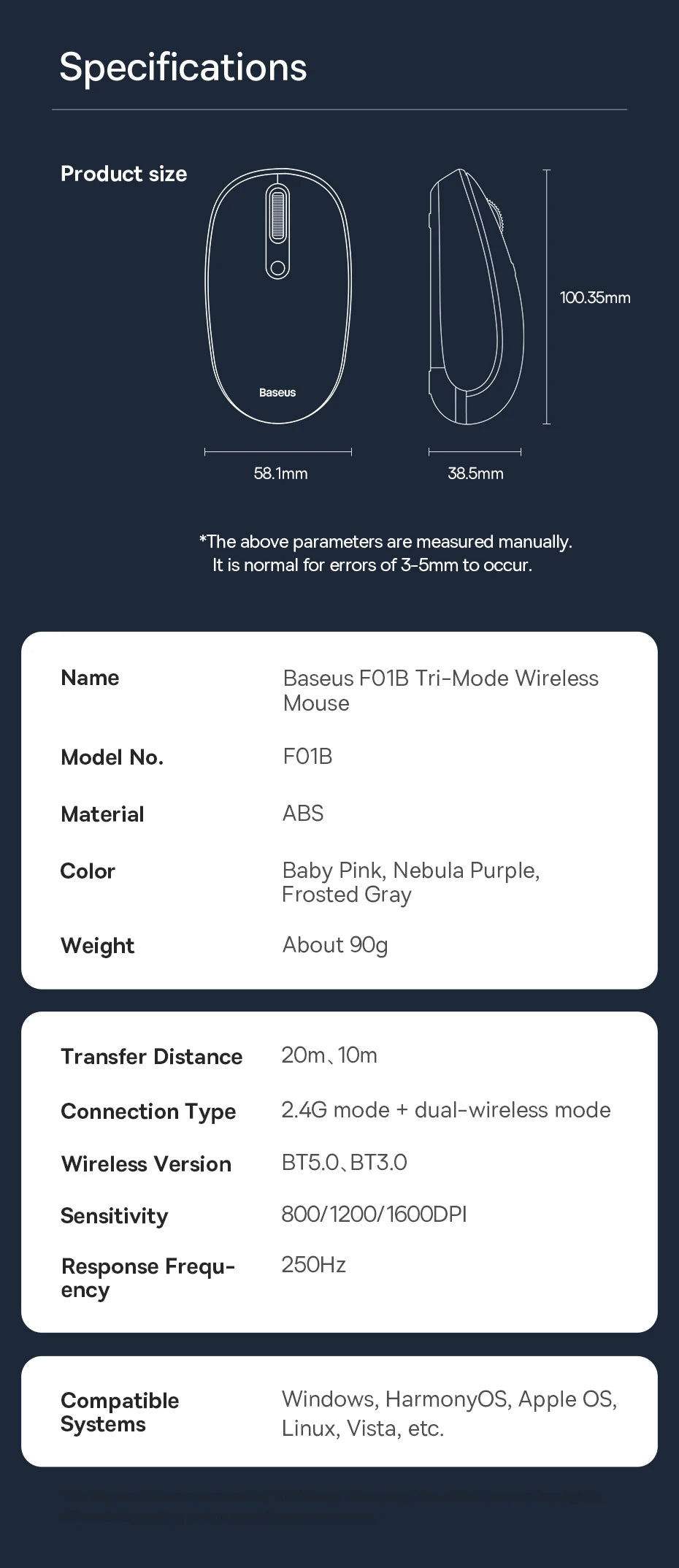 Ratón Baseus inalámbrico Bluetooth para ordenador, ratón silencioso de 1600DPI con receptor Nano USB de 2,4 GHz para PC, MacBook, tableta, portátil