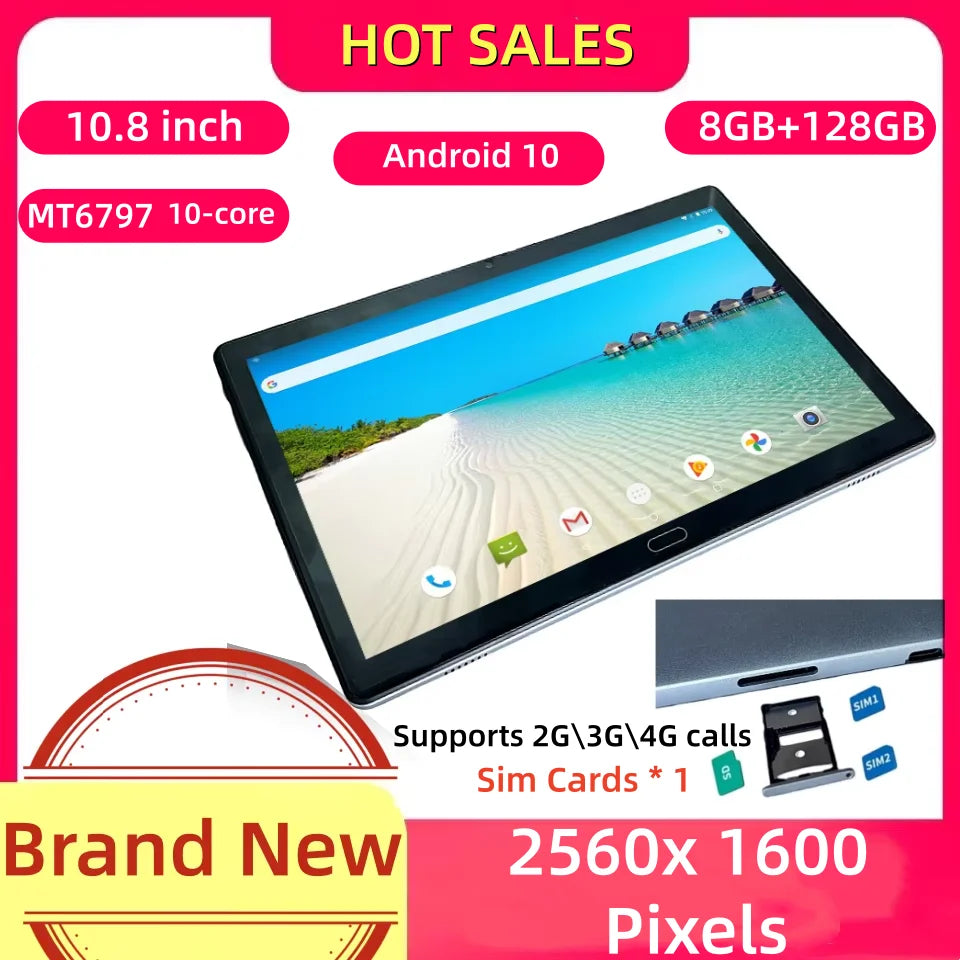 Tablet Android 10 de 10.8 Pulgadas con 8GB de RAM y 128GB de ROM, Compatible con Llamadas 2G/3G/4G, Tipo-C, Cámara Dual, Procesador MT6797 de 10 Núcleos, 2560x1600 Píxeles, 1 Ranura para Tarjeta SIM