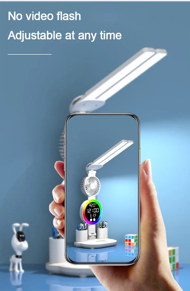 Lámpara de mesa Led para estudio, lámpara de escritorio, luz de lectura, luz nocturna Led con ventilador, reloj Led, pantalla, luz de escritorio de lectura