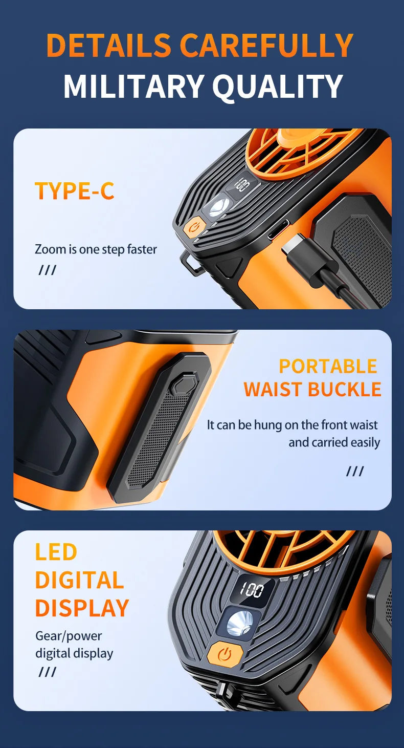 Ventilador portátil para colgar en la cintura, ventilador portátil con clip para la cintura para sitio de construcción al aire libre, luz nocturna para enfriar, Mini ventilador USB para colgar en el cuello