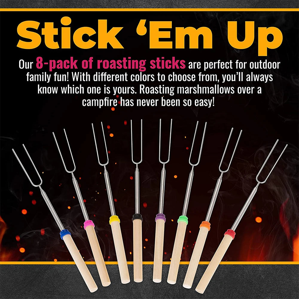 LMETJMA 8 Uds. Brochetas para barbacoa, palitos extensibles para asar malvavisco, brochetas telescópicas para barbacoa de acero inoxidable KC0467