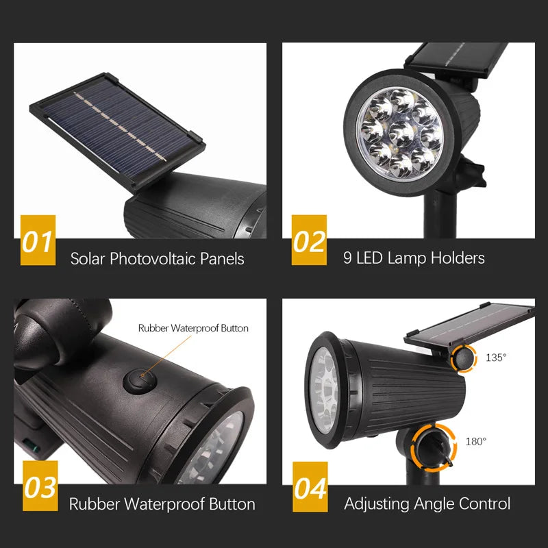 Foco Solar 9 LED Impermeable para Jardín con Brillo Ajustable y Luz RGB