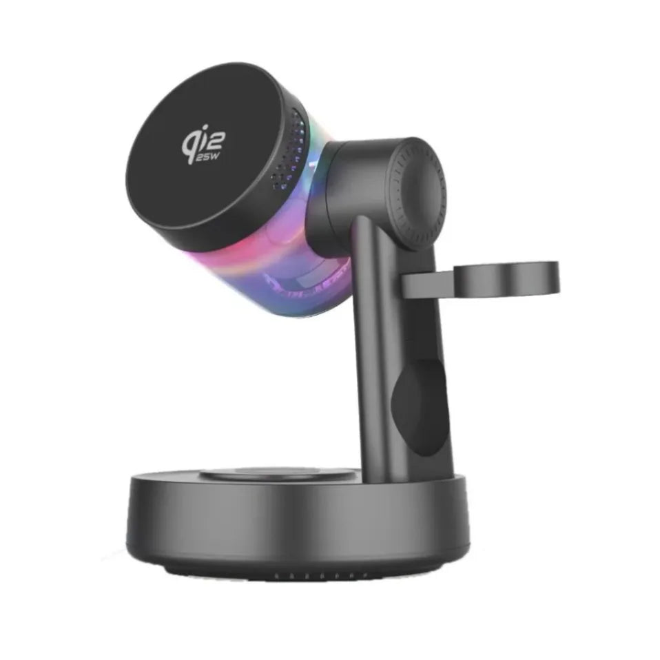 Altavoz Bluetooth QI2 de 25W 5.3 con Cargador Inalámbrico Magnético Rápido de 25W y Reloj Despertador para iPhone 17-12 Pro Max, Apple Watch y Airpods