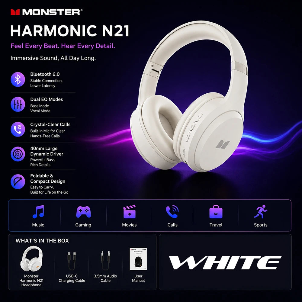 Auriculares Bluetooth 6.0 Monster Harmonic N21 con Modo EQ Dual, Sonido Estéreo Envolvente, Plegables, con Cable/Inalámbricos