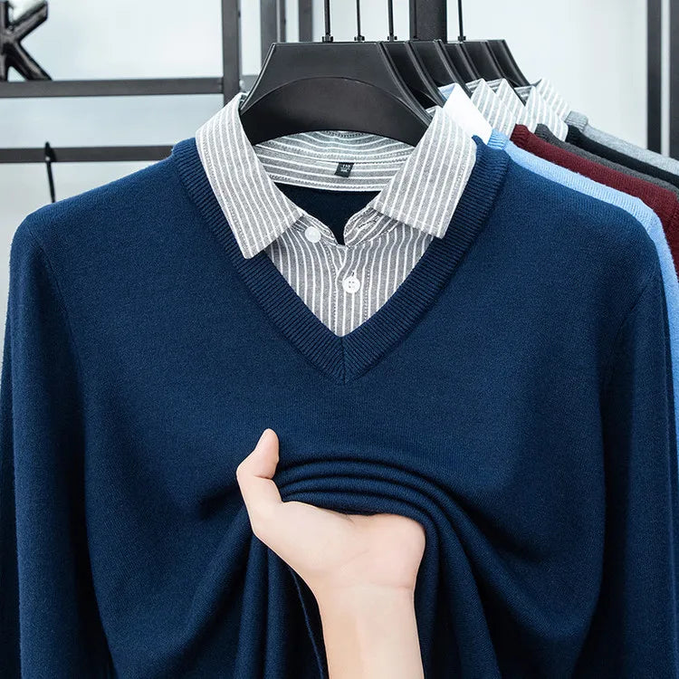 Suéter de punto con cuello de camisa para hombre, azul claro (6 colores), diseño falso de dos capas, estilo informal de negocios    Ajuste elástico y cómodo