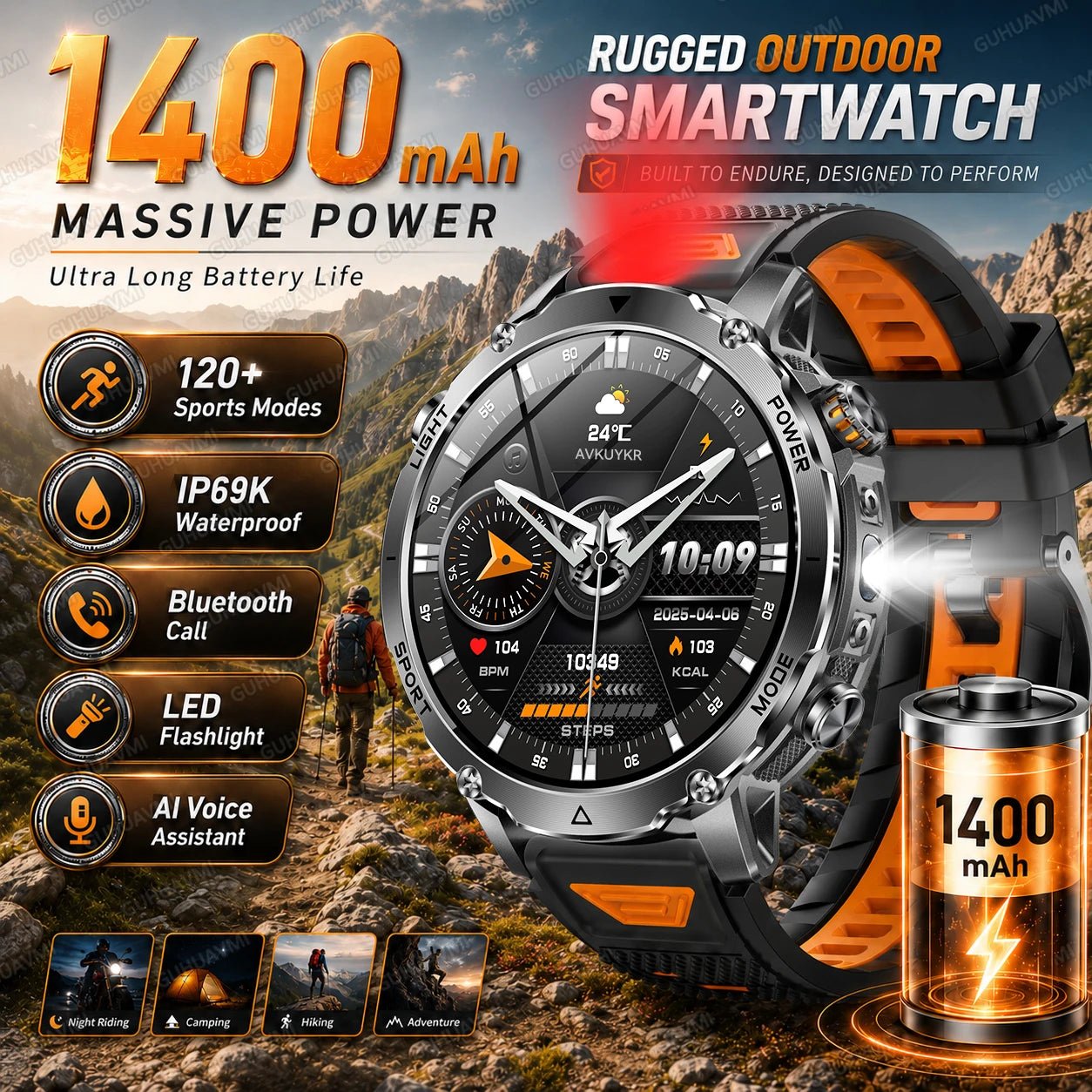 Reloj Inteligente para Senderismo y Camping al Aire Libre, Batería de 1400 mAh, Resistente al Agua IP69K, Linterna LED, Llamadas Bluetooth, Voz AI, 120 Deportes, Reloj para Hombre