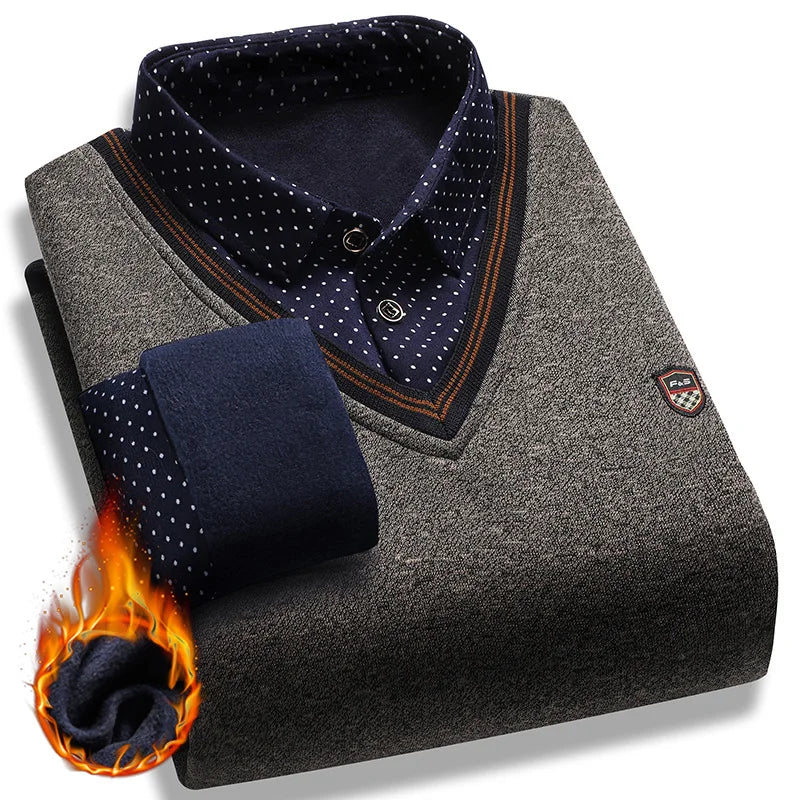 Suéter de felpa para hombre, jersey falso de dos piezas para otoño e invierno, Polo con cuello de lana, Top grueso y cálido, jerséis informales