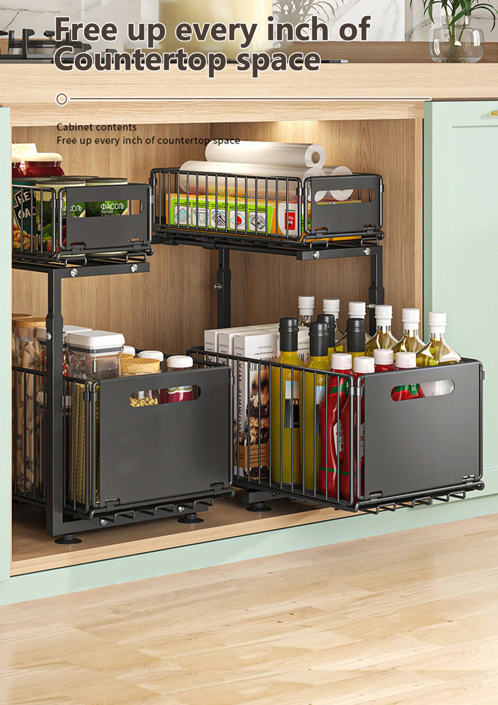 Organizador de gabinete extraíble de 2 niveles, estante de almacenamiento de cocina ajustable, organizador debajo del fregadero, estante de almacenamiento para tarros de especias, cajón deslizante