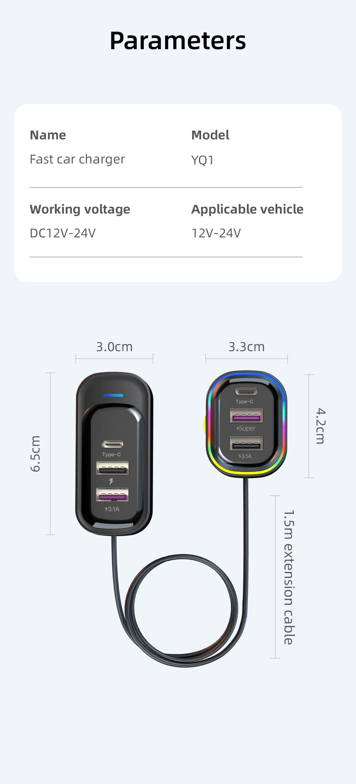 Cargador USB de 6 Puertos para Auto con Extensión para Asientos Traseros