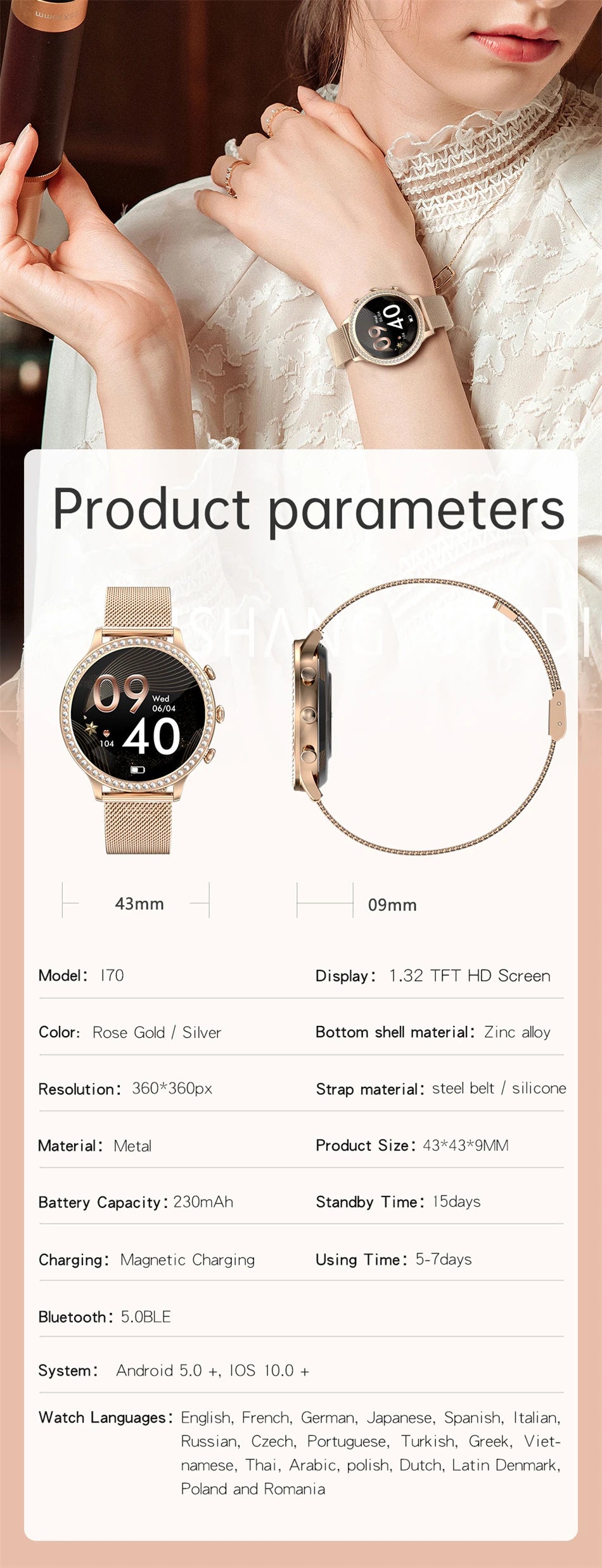 Reloj Inteligente para Mujer con Monitor Cardíaco Bluetooth