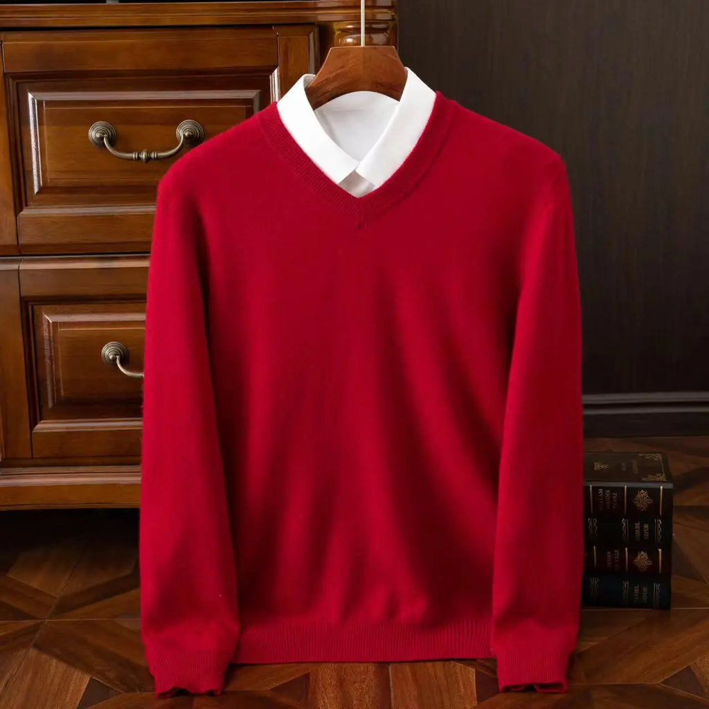 2025 suéter 100% de lana merina de Cachemira con cuello en V para hombre, jersey inteligente informal básico de manga larga, prendas de punto, Tops para Otoño e Invierno