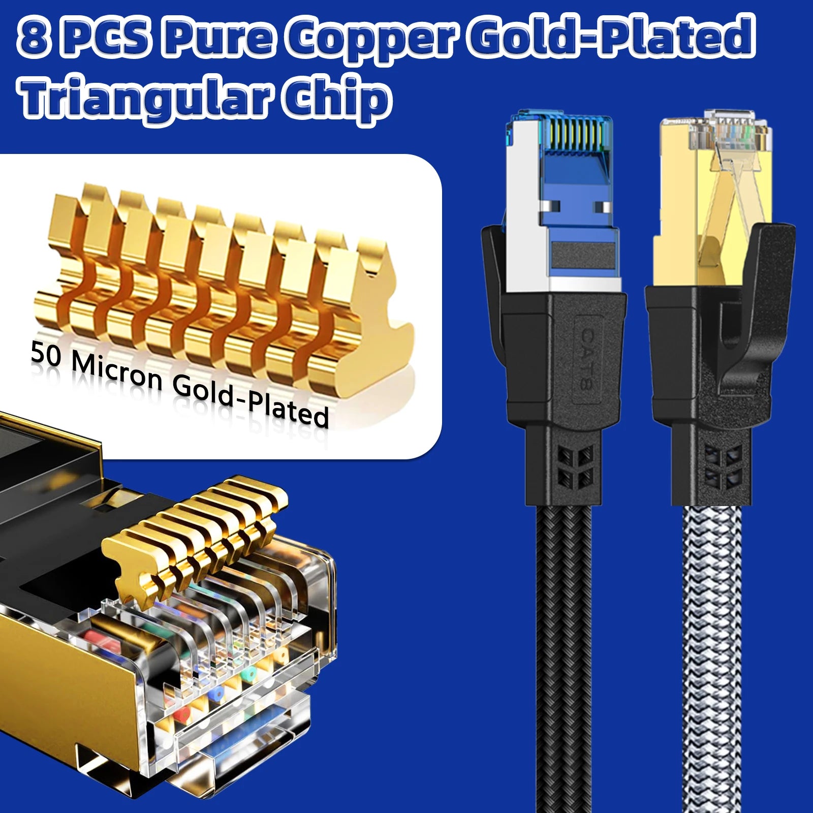 Cable Ethernet Cat 8 de 40 Gbps, Cable LAN RJ45 Plano con Trenzado de Nailon de 1M 2M 30M para Router, Módem, Laptop, PC, PS5, Cable CAT8 de Alta Velocidad