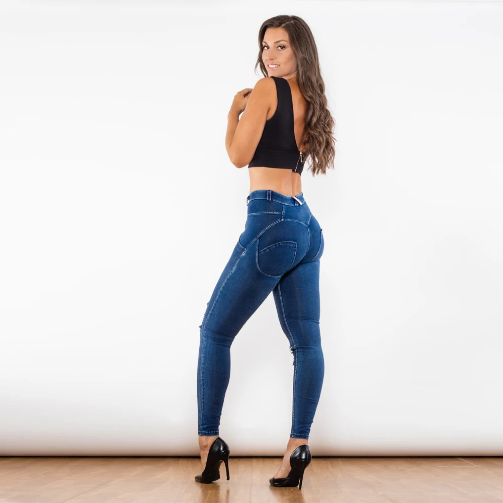 Jeggings Azul Lavado con Rasgado y Realce de Glúteos, Cintura Media