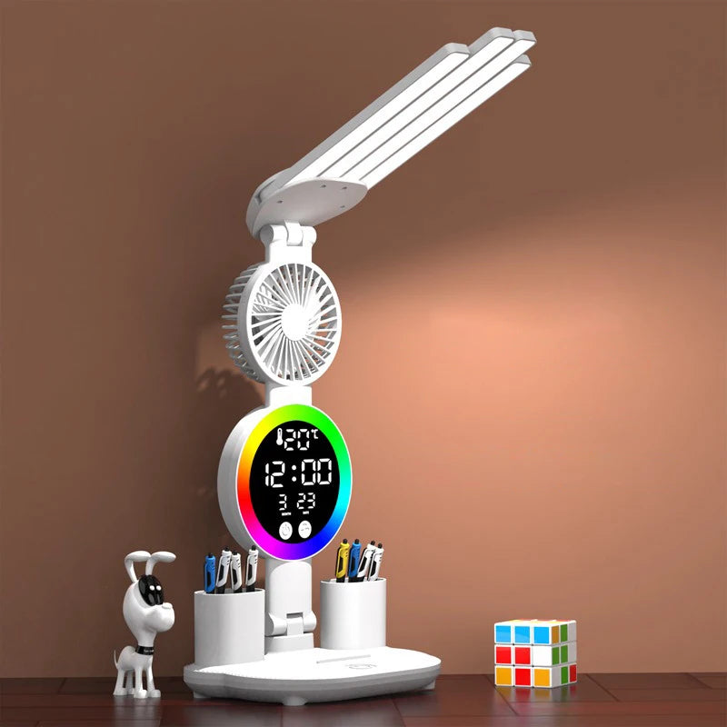 Lámpara de Mesa Recargable con Ventilador y Reloj LED