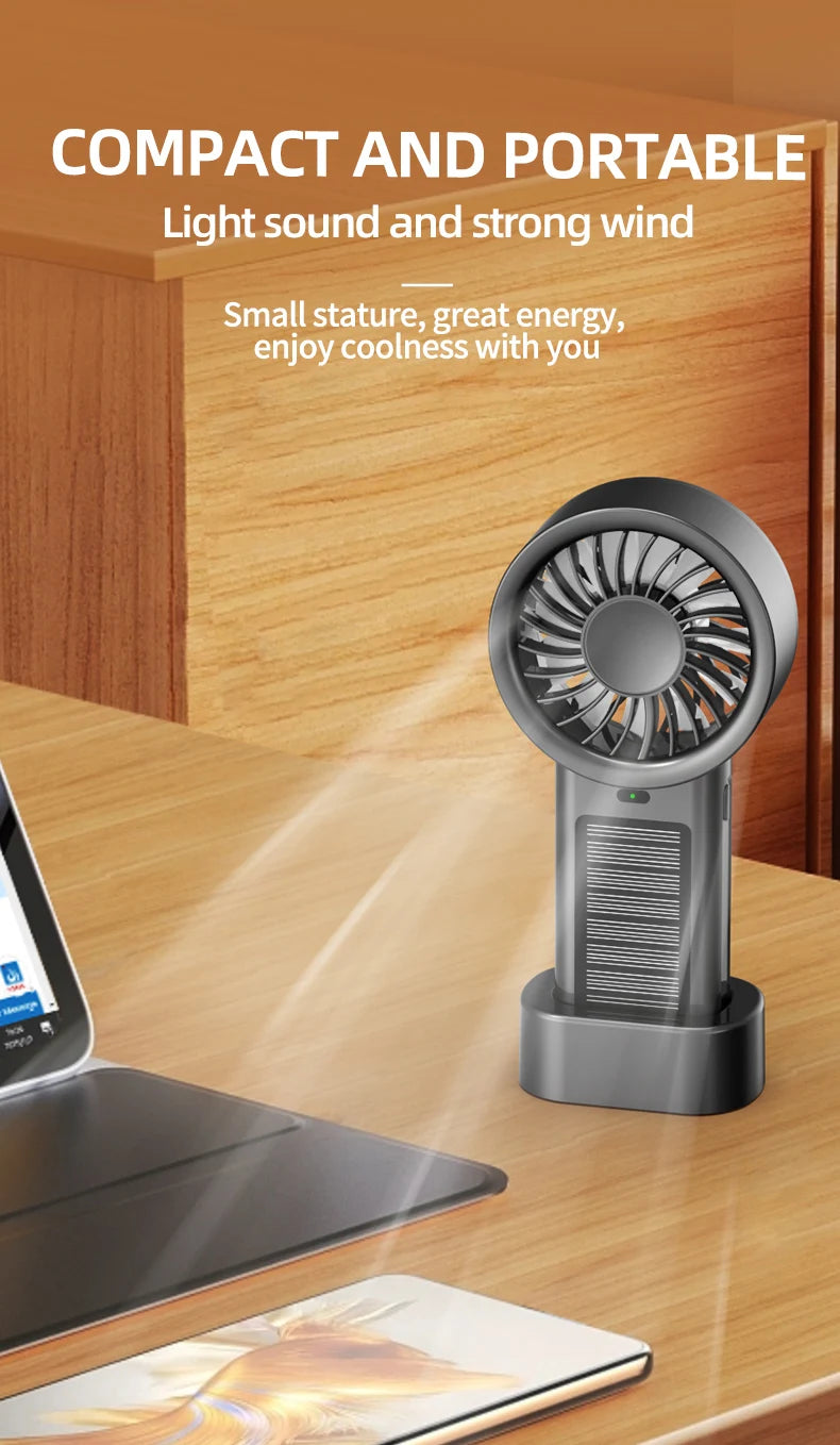 Ventilador solar portátil 5 velocidades, recargable USB para camping