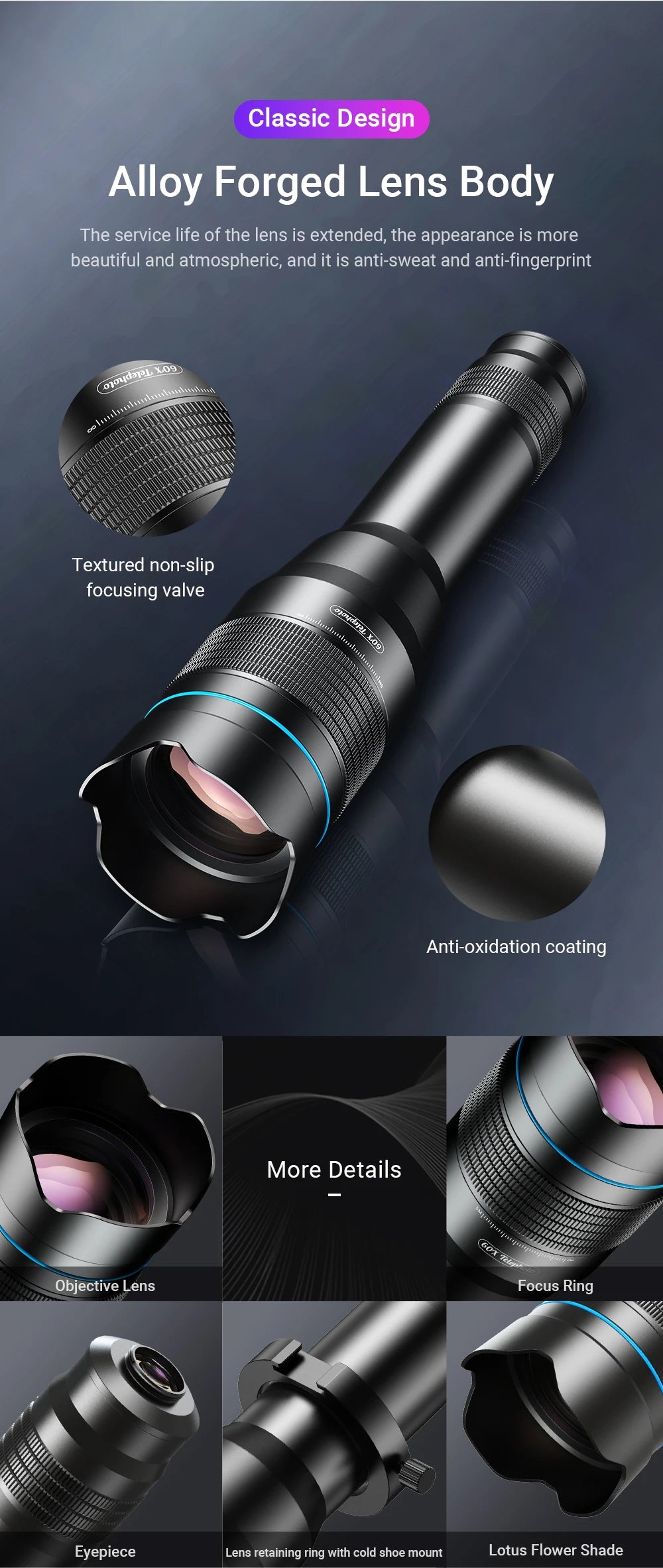 Lente Telefoto Zoom 60X APEXEL HD Metálico para Smartphones