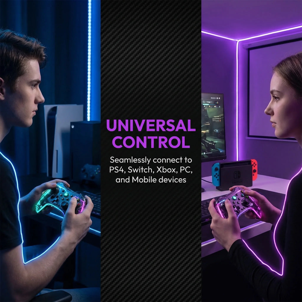 Controlador de juegos inalámbrico, controlador de juegos Bluetooth ergonómico con efecto de luz RGB para Switch, PS3, PS4, iPhone, teléfono Android, PC